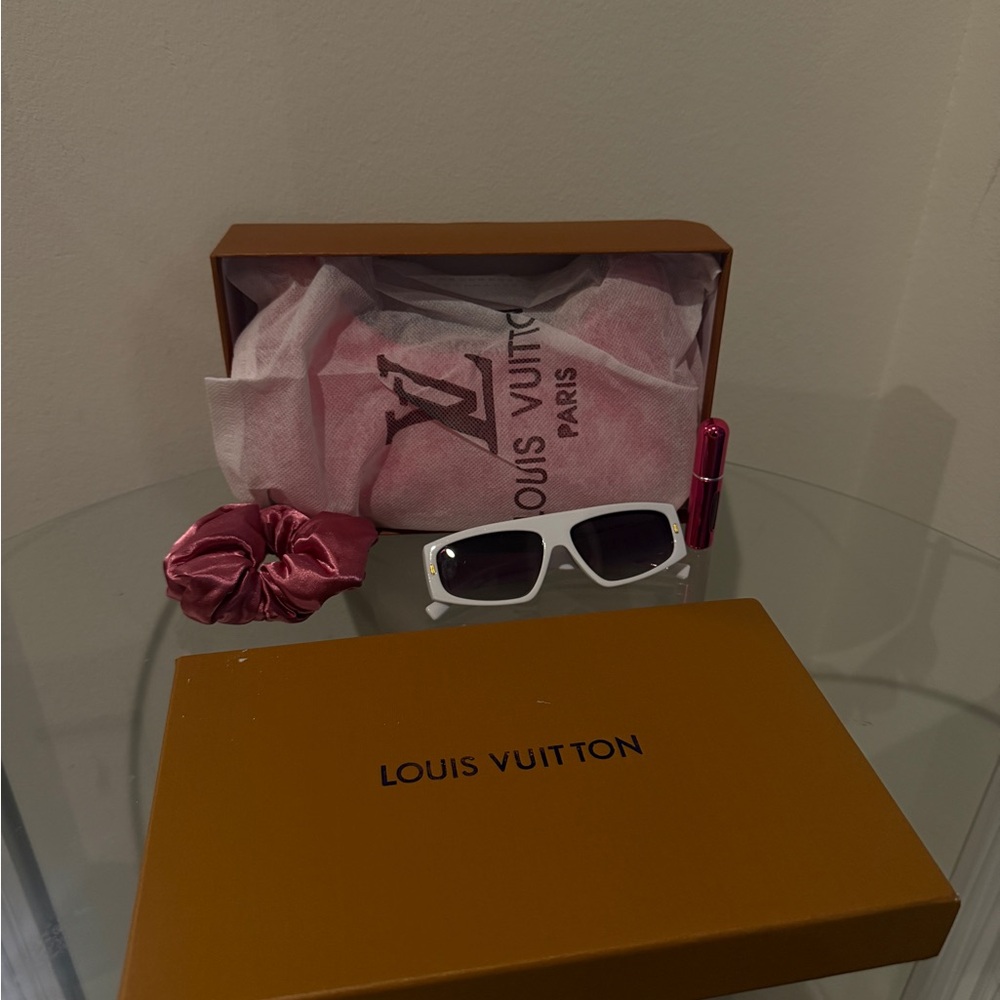 Louis Vuitton White Rectangular Sunglasses with Pink Accessories